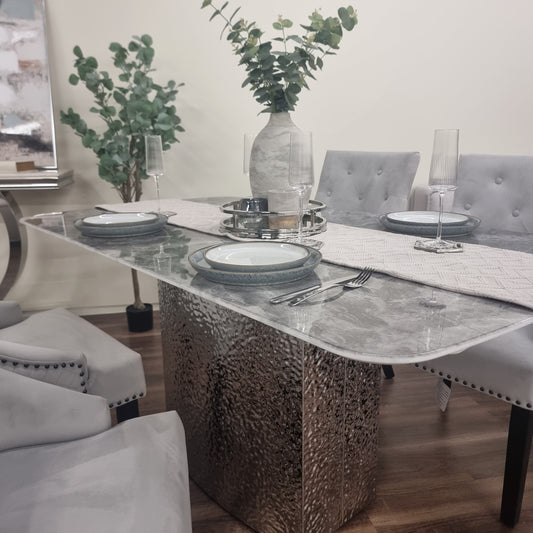 Lucca 160cm | 180cm White / Grey Marble Dining Table with Hammered Metal Block Base