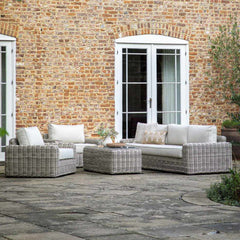 Amalfi 5-Seater Outdoor Furniture Set – Beige Rattan Sofa & Armchairs with Acacia Wood Coffee Table