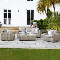 Amalfi 5-Seater Outdoor Furniture Set – Beige Rattan Sofa & Armchairs with Acacia Wood Coffee Table