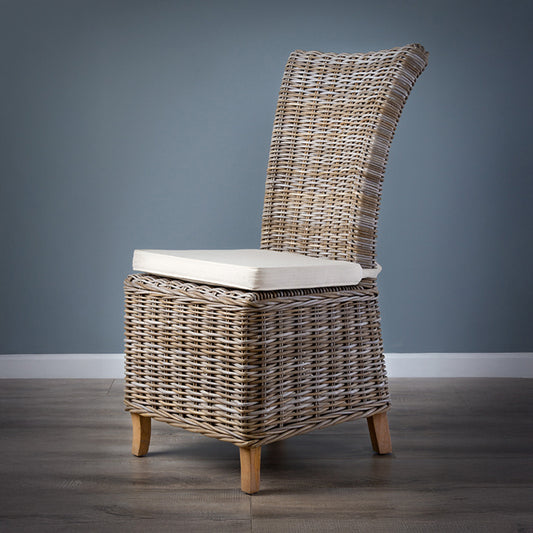Capri Beige Outdoor Wicker Dining Chair – High Back with Acacia Wood Legs & Cushion
