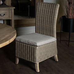 Capri Beige Outdoor Wicker Dining Chair – High Back with Acacia Wood Legs & Cushion
