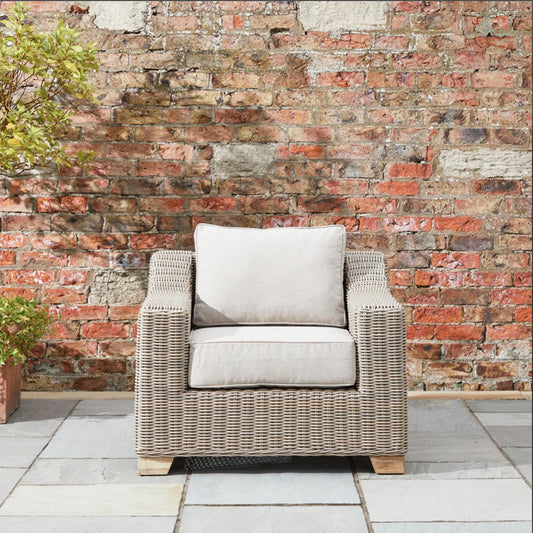 Capri Beige Outdoor Wicker Armchair – Deep Seat with Acacia Wood Legs & Olefin Cushion