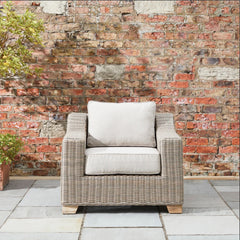 Capri Beige Outdoor Wicker Armchair – Deep Seat with Acacia Wood Legs & Olefin Cushion