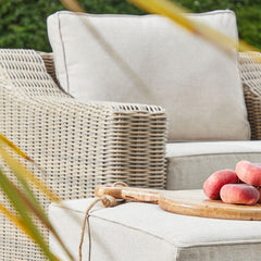 Capri Beige Outdoor Wicker Armchair – Deep Seat with Acacia Wood Legs & Olefin Cushion