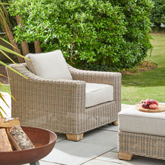 Capri Beige Outdoor Wicker Armchair – Deep Seat with Acacia Wood Legs & Olefin Cushion
