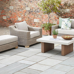 Capri Beige Outdoor Wicker Armchair – Deep Seat with Acacia Wood Legs & Olefin Cushion