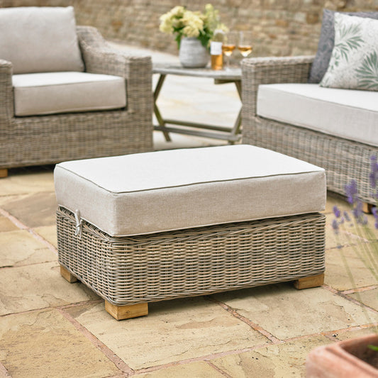 Capri Beige Outdoor Wicker Footstool – Acacia Wood Feet & Weatherproof Cushion