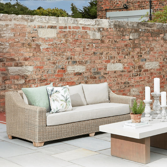 Capri Beige Outdoor 3-Seater Sofa – Woven HDPE Rattan with Acacia Wood Base