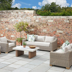 Capri Beige Outdoor 3-Seater Sofa – Woven HDPE Rattan with Acacia Wood Base