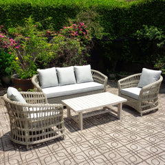 Palma Beige 3-Seater Outdoor Sofa Set – Rattan Weave with Acacia Wood Table