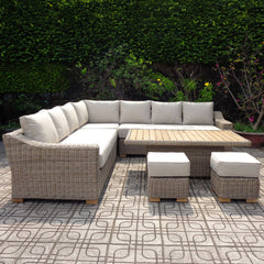 Capri Beige Rattan Outdoor Corner Sofa Set – Modular with Riser Table & 2 Stools