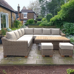 Capri Beige Rattan Outdoor Corner Sofa Set – Modular with Riser Table & 2 Stools