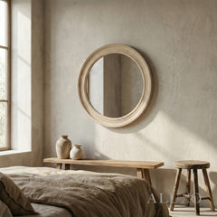 Orel Medium Washed Wood Round Wall Mirror in Antique White - 90cm