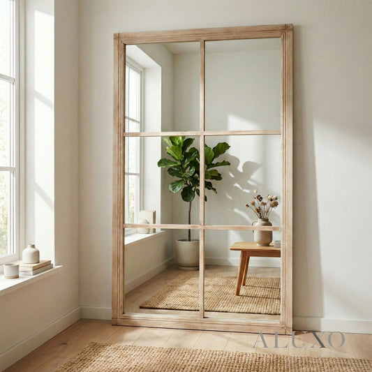 Torin Rustic Washed Wood Large Window Wall Mirror - 150cm