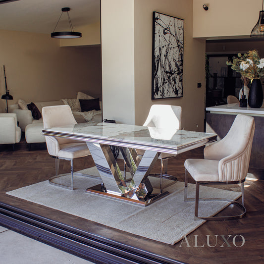Valeria 180cm Marble Dining Table with Chrome \V Base – 5 Marble Colour Options