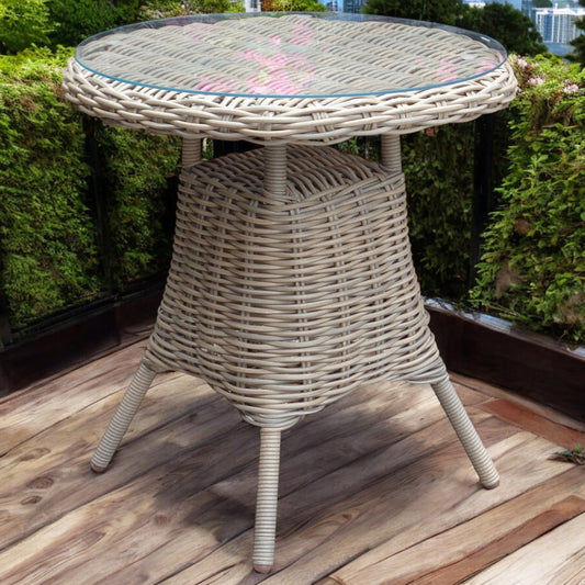 Amalfi Outdoor Bistro Table – Beige Rattan-Effect Base with Glass Top (70cm)