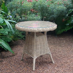 Amalfi Outdoor Bistro Table – Beige Rattan-Effect Base with Glass Top (70cm)