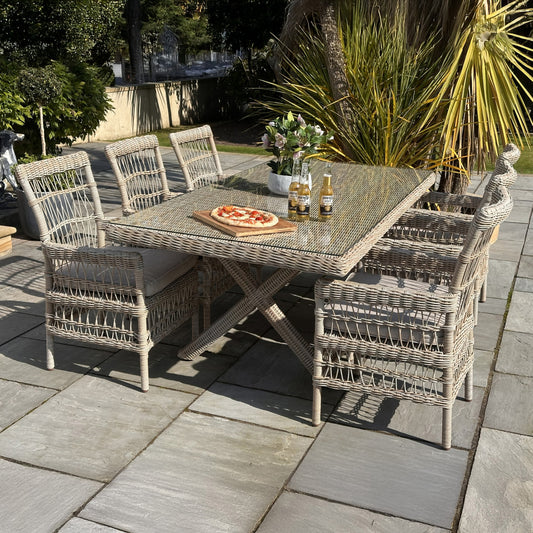 Provence Outdoor Rattan Dining Set – 6 Seater with Glass Top Table & Olefin Cushions