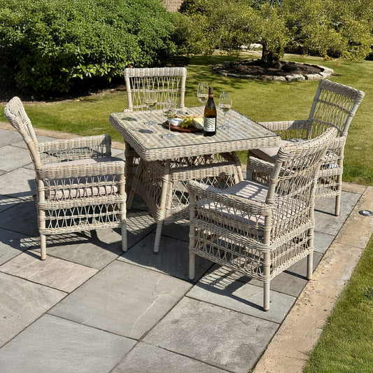 Provence Outdoor Rattan Dining Set – 4 Seater with Glass Top Table & Weather-Resistant Cushions