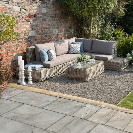 Amalfi Outdoor Large Corner Sofa Set – Beige Rattan-Effect with Glass Coffee Table