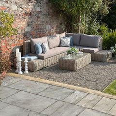 Amalfi Outdoor Large Corner Sofa Set – Beige Rattan-Effect with Glass Coffee Table