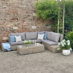 Amalfi Outdoor Large Corner Sofa Set – Beige Rattan-Effect with Glass Coffee Table