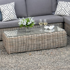Amalfi Outdoor Large Corner Sofa Set – Beige Rattan-Effect with Glass Coffee Table