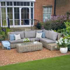 Amalfi Outdoor Large Corner Sofa Set – Beige Rattan-Effect with Glass Coffee Table