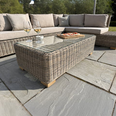 Capri Outdoor Large Corner Sofa Set with Glass Coffee Table – Beige Rattan Effect