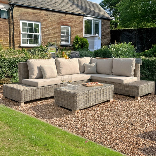 Capri Outdoor Large Corner Sofa Set with Glass Coffee Table – Beige Rattan Effect