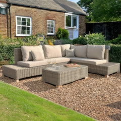 Capri Outdoor Large Corner Sofa Set with Glass Coffee Table – Beige Rattan Effect