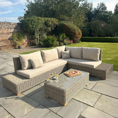 Capri Outdoor Large Corner Sofa Set with Glass Coffee Table – Beige Rattan Effect