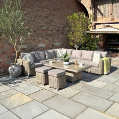 Amalfi Outdoor Modular Corner Sofa Set with Riser Dining Table and Stools – Beige Wicker