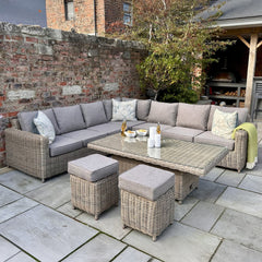 Amalfi Outdoor Modular Corner Sofa Set with Riser Dining Table and Stools – Beige Wicker