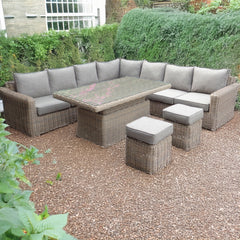 Amalfi Outdoor Modular Corner Sofa Set with Riser Dining Table and Stools – Beige Wicker