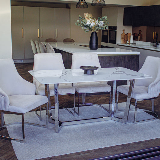 Loki 160cm White Sintered Stone Dining Table with Chrome Y-Leg Stand