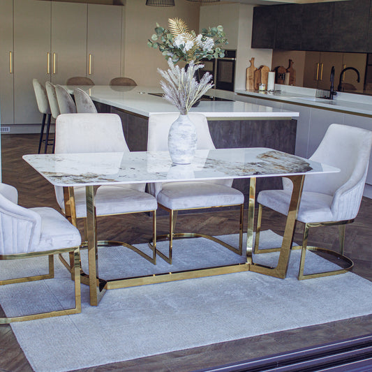 Loki 180cm Cream Sintered Stone Dining Table with Gold Y-Leg Stand