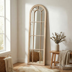Torin Rustic Washed Wood Tall Arched Window Wall Mirror - 170cm