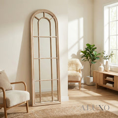 Torin Rustic Washed Wood Tall Arched Window Wall Mirror - 170cm