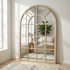 Torin Rustic Washed Wood Arched Window Wall Mirror - 135cm