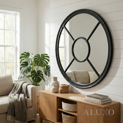 Torin Black Wood Round Architectural Window Wall Mirror - 100cm