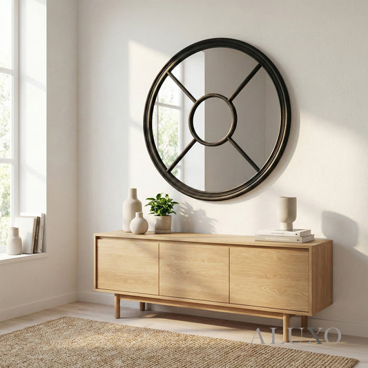 Torin Black Wood Round Architectural Window Wall Mirror - 100cm