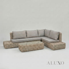 Aalto Scandi-Coastal Large Corner Sofa Set – Beige Rattan & Glass Table