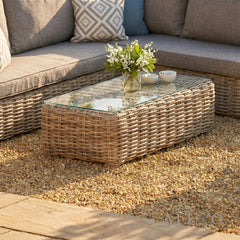 Aalto Scandi-Coastal Large Corner Sofa Set – Beige Rattan & Glass Table