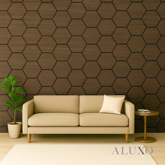 ALUXO® Acoustic Hexagon Wall Panel 70 x 60cm - Walnut (Dark Oak)