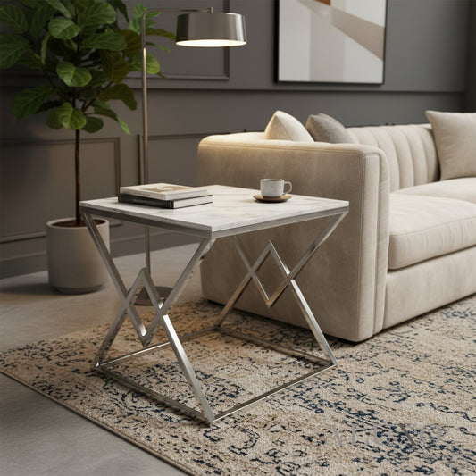 Airi Chrome Lamp End Side Table – 55x55cm Ash Grey Sintered Stone Top, Modern Luxury