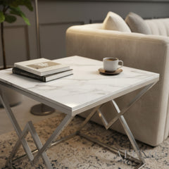 Airi Chrome Lamp End Side Table – 55x55cm Ash Grey Sintered Stone Top, Modern Luxury