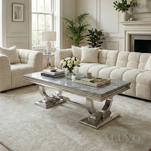 Orvar 130cm Chrome Coffee Table with Light Grey Marble Top β Double Half Ring Stand Design