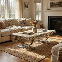 Orvar 130cm Chrome Coffee Table with Cream Marble Top – Double Half Ring Stand Design