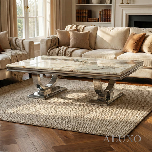 Orvar 130cm Chrome Coffee Table with Cream Marble Top – Double Half Ring Stand Design